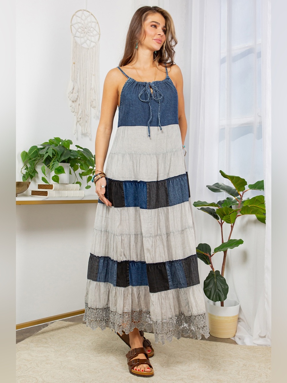 #73 Bohemian Tiered Maxi Dress with Denim Bodice